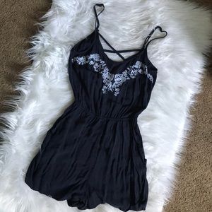 Blue lace back romper